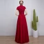 Chinese style Burgundy Evening Dresses  2018 A-Line / Princess Beading Crystal Sequins High Neck Short Sleeve Floor-Length / Long Formal Dresses