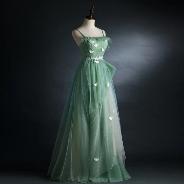 Chic / Beautiful Sage Green Prom Dresses 2021 A-Line / Princess Spaghetti Straps Lace Butterfly Sleeveless Backless Floor-Length / Long Prom Formal Dresses