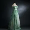 Chic / Beautiful Sage Green Prom Dresses 2021 A-Line / Princess Spaghetti Straps Lace Butterfly Sleeveless Backless Floor-Length / Long Prom Formal Dresses