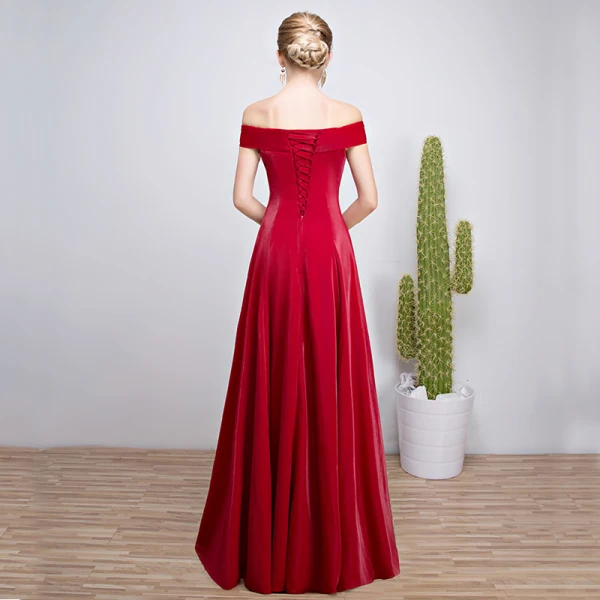 Modest / Simple Burgundy Evening Dresses 2018 A-Line / Princess Off-The-Shoulder Backless Sleeveless Floor-Length / Long Formal Dresses