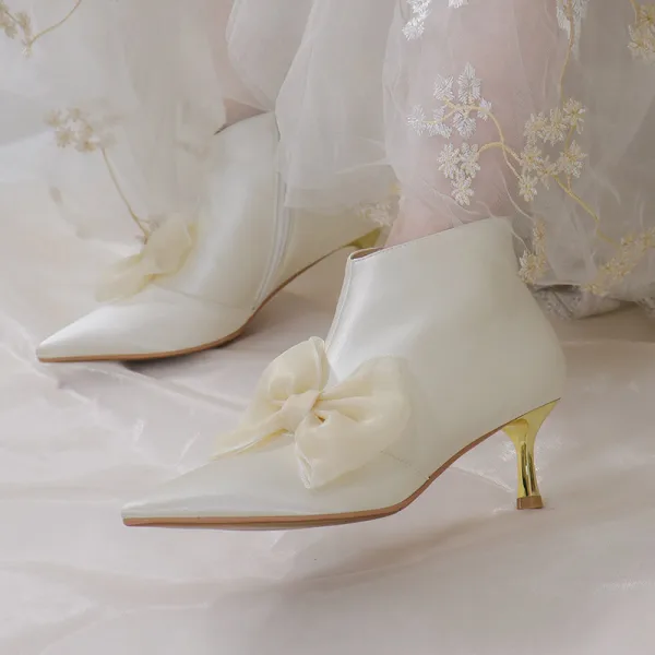 Elegante Winter Ivory / Creme Ankle Boots Stiefel Damen 2020 Leder Schleife 5 cm Stilettos Spitzschuh Hochzeit Stiefel