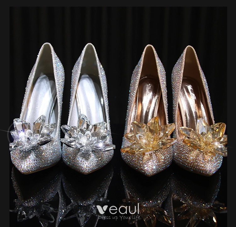 Luxury / Gorgeous Champagne Handmade Cinderella Wedding Shoes 2019 Leather  Crystal Rhinestone 9 cm Stiletto Heels Pointed Toe Wedding Pumps