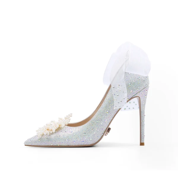 Luxury / Gorgeous Silver Rhinestone Wedding Shoes 2020 Leather Pearl Bow 10 cm Stiletto Heels Pointed Toe Wedding Pumps
