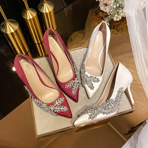Chic / Beautiful Ivory Evening Party Rhinestone Pumps 2020 Leather 8 cm Stiletto Heels Pointed Toe Pumps