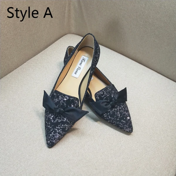 Sparkly Gradient-Color Prom Flat Womens Shoes 2020 Sequins Bow Pointed Toe Heels