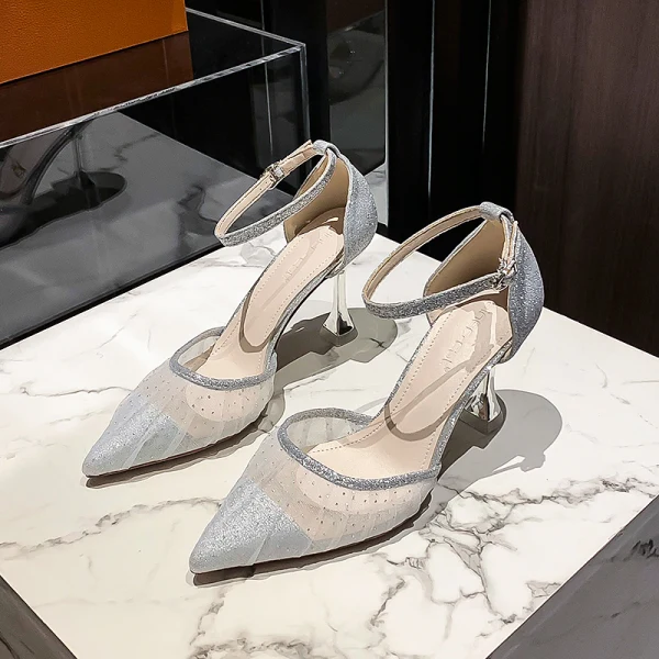 Sexy Champagne Evening Party Womens Sandals 2020 Ankle Strap Sequins 8 cm Stiletto Heels Pointed Toe Sandals