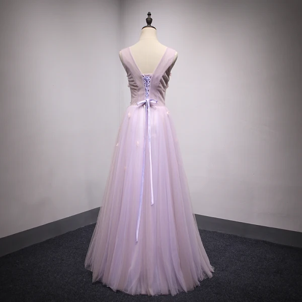 Elegant Lilac Prom Dresses 2018 A-Line / Princess Appliques Beading Sequins V-Neck Backless Sleeveless Floor-Length / Long Formal Dresses