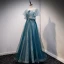 Charming Pool Blue Glitter Prom Dresses 2021 A-Line / Princess Scoop Neck Beading Sequins Short Sleeve Floor-Length / Long Prom Formal Dresses