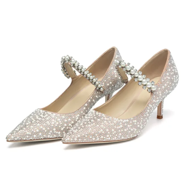 Luxury / Gorgeous Blushing Pink Pearl Rhinestone Wedding Shoes 2020 Leather 8 cm Stiletto Heels Pointed Toe Wedding Pumps