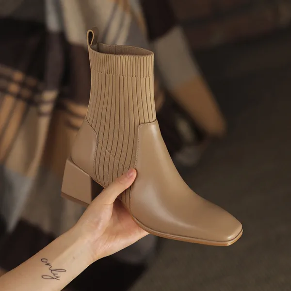 Chic / Beautiful Black Street Wear Knitting Womens Boots 2020 Leather 5 cm Thick Heels Square Toe Boots