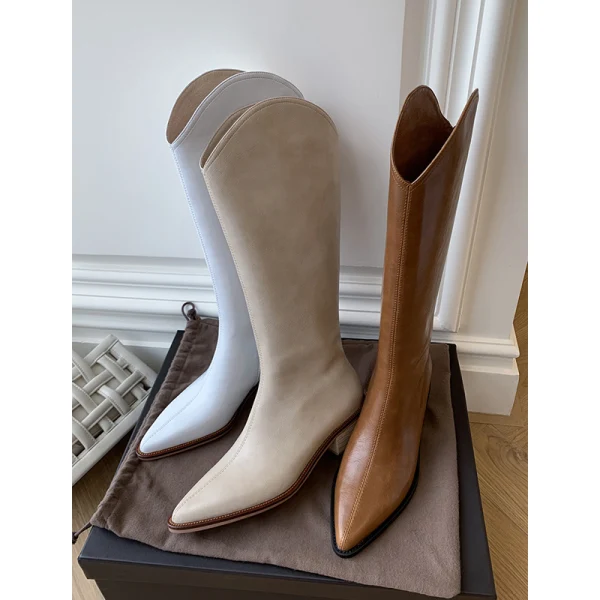 Fashion Beige Street Wear Mid Calf Womens Boots 2020 Leather 4 cm Thick Heels Low Heel Pointed Toe Boots