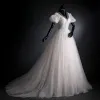 Elegant Ivory Lace Flower Wedding Dresses 2021 A-Line / Princess V-Neck Bell sleeves Backless Sweep Train Wedding