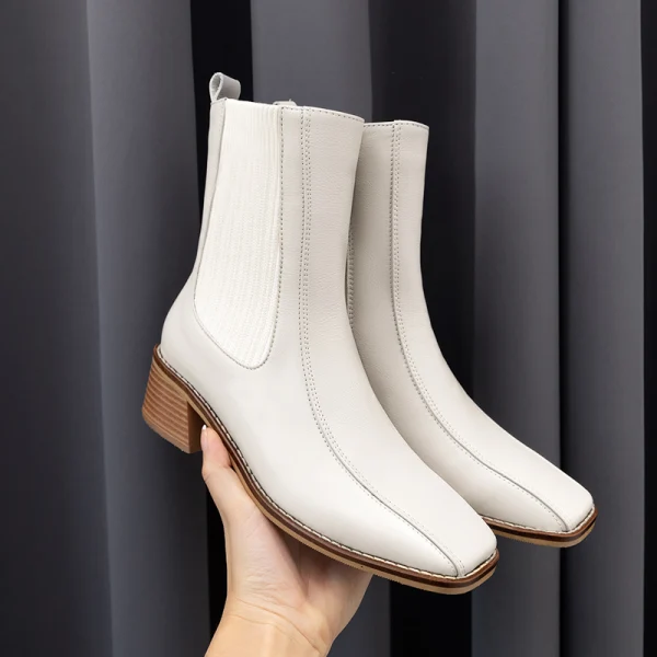 Modest / Simple Beige Casual Ankle Womens Boots 2020 Leather 5 cm Thick Heels Square Toe Boots