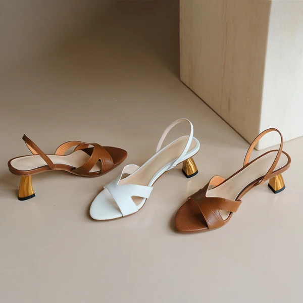 Proste / Simple Brązowy Przypadkowy Slingback Sandały Damskie 2020 Skórzany 6 cm Szpilki Peep Toe Sandały