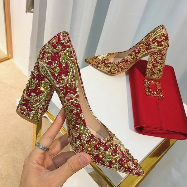 Style Chinois Rouge Faux Diamant Chaussure De Mariée 2020 9 cm Talons Épais À Bout Pointu Mariage Escarpins