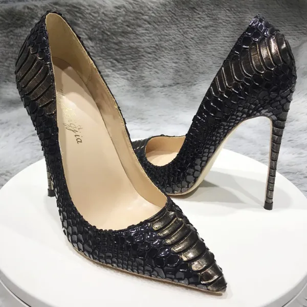 Vintage / Retro Black Street Wear Snakeskin Print Pumps 2020 12 cm Stiletto Heels Pointed Toe Pumps