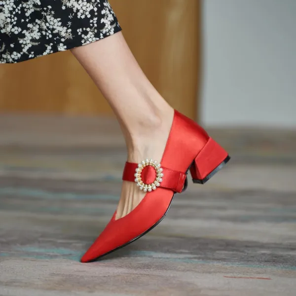 Chic / Belle Noire Satin Promo Escarpins 2020 Perle 4 cm Talons Épais Talon Bas À Bout Pointu Escarpins