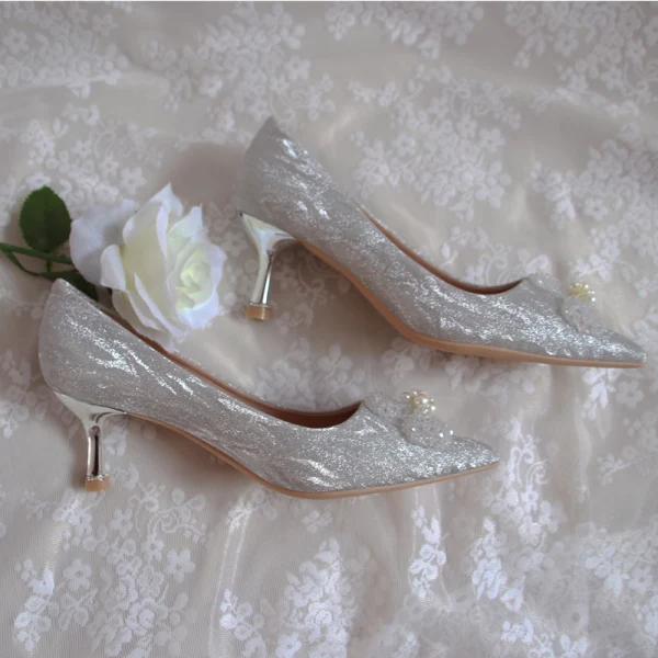 Elegant Vintage / Retro Silver Glitter Wedding Shoes 2020 Leather Crystal Pearl 5 cm Stiletto Heels Pointed Toe Wedding Pumps