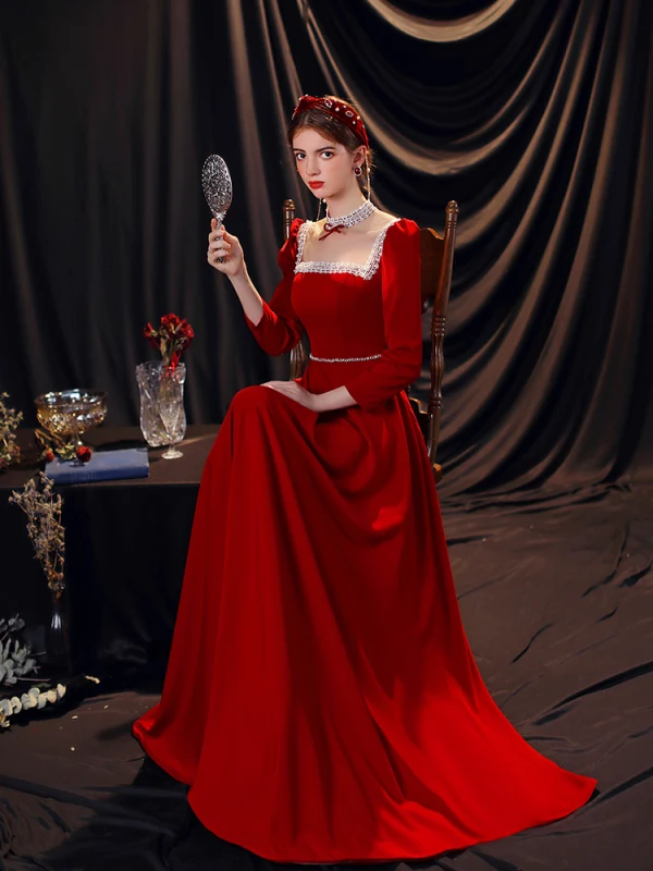 Chic / Beautiful Red Lace Flower Evening Dresses 2021 A-Line / Princess Square Neckline Rhinestone Long Sleeve Backless Floor-Length / Long Evening Party Formal Dresses