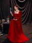 Chic / Beautiful Red Lace Flower Evening Dresses  2021 A-Line / Princess Square Neckline Rhinestone Long Sleeve Backless Floor-Length / Long Evening Party Formal Dresses