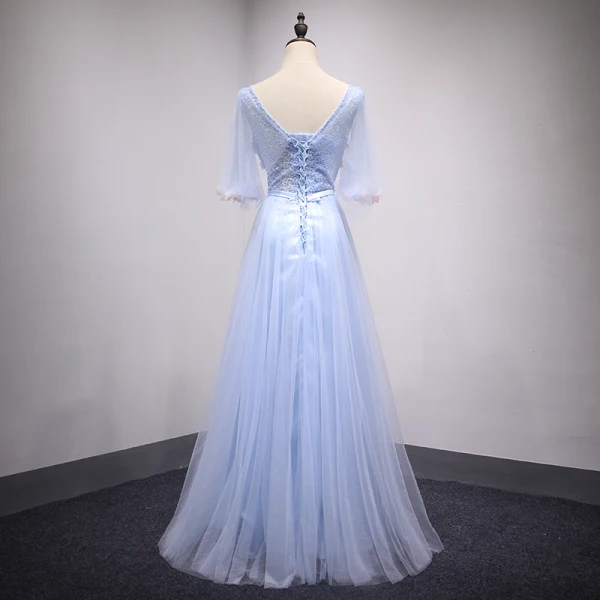 Chic / Beautiful Sky Blue Prom Dresses 2018 A-Line / Princess Appliques Bow Rhinestone Scoop Neck Backless 1/2 Sleeves Floor-Length / Long Formal Dresses