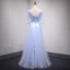 Chic / Beautiful Sky Blue Prom Dresses 2018 A-Line / Princess Appliques Bow Rhinestone Scoop Neck Backless 1/2 Sleeves Floor-Length / Long Formal Dresses