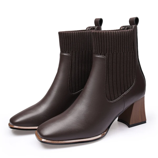 Mote Brun Gateklær Ankel Kvinners støvler 2020 Lær 6 cm Tykk Hæler Firkantetå Boots