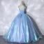 Illusion Sky Blue Cinderella Prom Dresses 2021 Ball Gown Rhinestone Spaghetti Straps Sleeveless Backless Floor-Length / Long Prom Formal Dresses