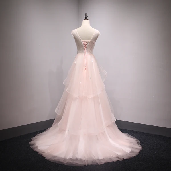 Élégant Perle Rose Robe De Bal 2018 Princesse Perlage Perle Paillettes En Dentelle Fleur Volants en Cascade Encolure Dégagée Dos Nu Sans Manches Train De Balayage Robe De Ceremonie