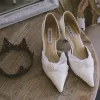 Elegant White Pearl Wedding Shoes 2020 Leather 7 cm Stiletto Heels Pointed Toe Wedding Heels