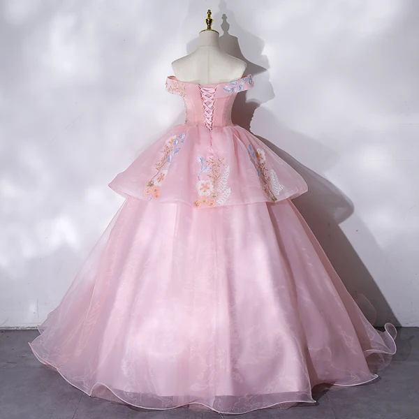 Elegant Candy Pink Prom Dresses 2021 Ball Gown Off-The-Shoulder Beading Pearl Rhinestone Lace Flower Sleeveless Backless Floor-Length / Long Prom Formal Dresses