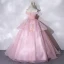 Elegant Candy Pink Prom Dresses 2021 Ball Gown Off-The-Shoulder Beading Pearl Rhinestone Lace Flower Sleeveless Backless Floor-Length / Long Prom Formal Dresses