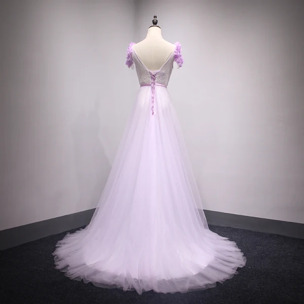Chic / Belle Lilas Robe De Soirée 2018 Princesse En Dentelle Fleur Appliques Perlage Perle V-Cou Dos Nu Sans Manches Train De Balayage Robe De Ceremonie