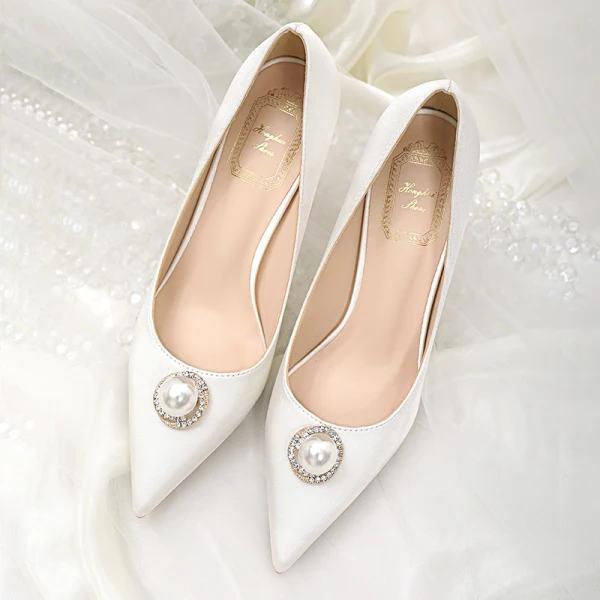 Elegante Ivory / Creme Brautschuhe 2020 Hochzeit Perle Strass 8 cm Stilettos Spitzschuh Pumps