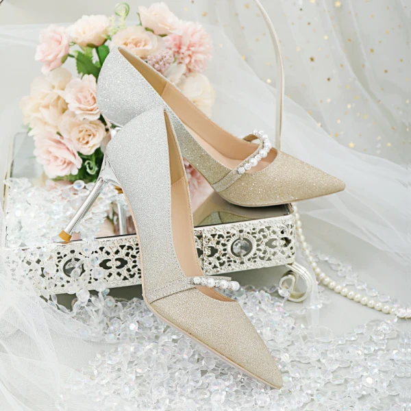 Schöne Silber Pailletten Brautschuhe 2020 Strass Perle 8 cm Stilettos Spitzschuh Hochzeit Pumps