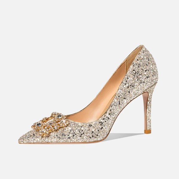 Glittrande Guld Rhinestone Paljetter Brudskor 2020 Läder 8 cm Stilettklackar Spetsiga Bröllop Pumps
