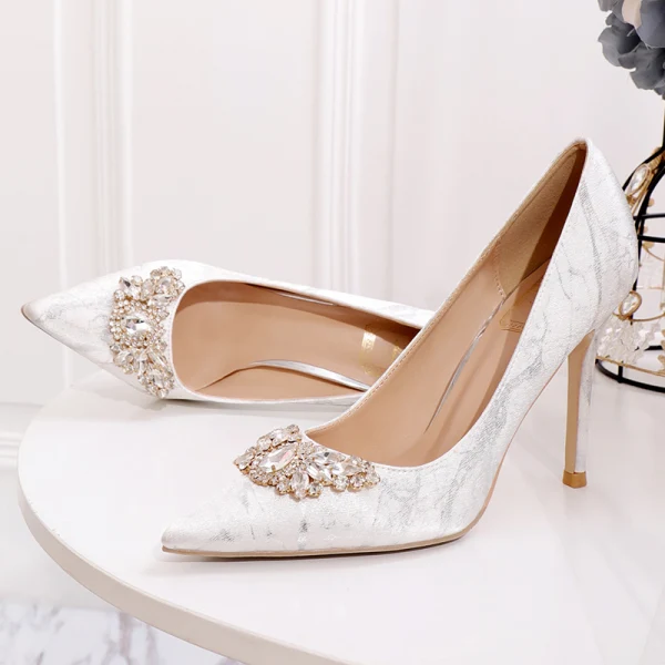 Classique Champagne Faux Diamant Chaussure De Mariée 2020 10 cm Talons Aiguilles À Bout Pointu Mariage Escarpins