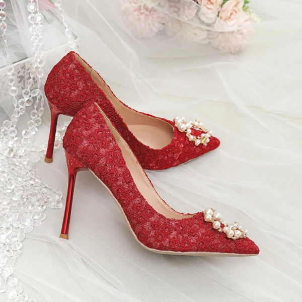 Chinese style Red Lace Wedding Shoes 2020 Pearl Rhinestone 10 cm Stiletto Heels Pointed Toe Wedding Pumps