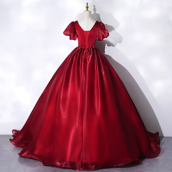 Classy Burgundy Prom Dresses 2021 Ball Gown V-Neck Crystal Rhinestone Short Sleeve Backless Floor-Length / Long Prom Formal Dresses