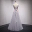 Chic / Beautiful Grey Prom Dresses 2018 A-Line / Princess Lace Flower Appliques Bow Beading V-Neck Backless Sleeveless Floor-Length / Long Formal Dresses