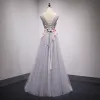 Chic / Beautiful Grey Prom Dresses 2018 A-Line / Princess Lace Flower Appliques Bow Beading V-Neck Backless Sleeveless Floor-Length / Long Formal Dresses
