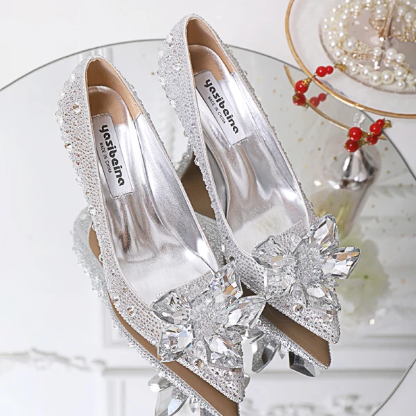 Charmant Sexy Argenté Cristal Chaussure De Mariée 2020 Faux Diamant 9 cm Talons Aiguilles À Bout Pointu Mariage Escarpins