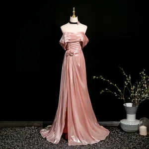 Sexy Rødmende Rosa Fendue Devant Glitter Selskapskjoler 2025 Trompet Havfrue Strapless Uten Ermer Ryggløse Feie Tog Aften Formelle Kjoler
