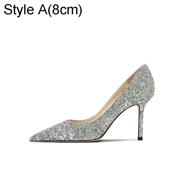 Glittrande Silver Paljetter Brudskor 2021 Läder 8 cm Stilettklackar Spetsiga Bröllop Pumps Högklackade