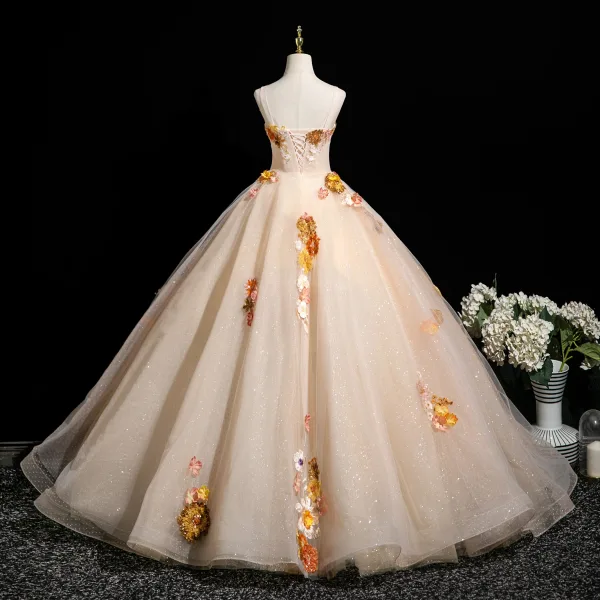 Flower Fairy Champagne Lace Flower Appliques Prom Dresses 2025 Ball Gown Spaghetti Straps Sleeveless Backless Formal Dresses