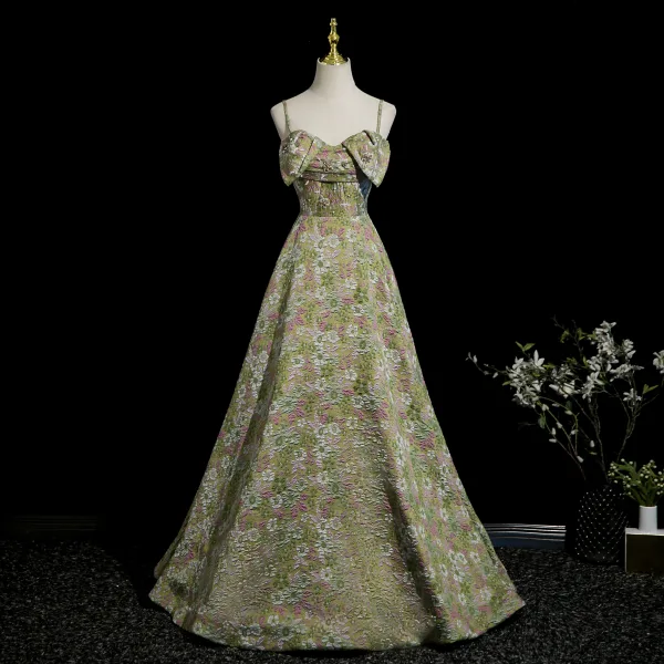 Flower Fairy Sage Green Pearl Rhinestone Lace Flower Floral Prom Dresses 2025 Ball Gown Spaghetti Straps Sleeveless Backless Floor-Length / Long Formal Dresses