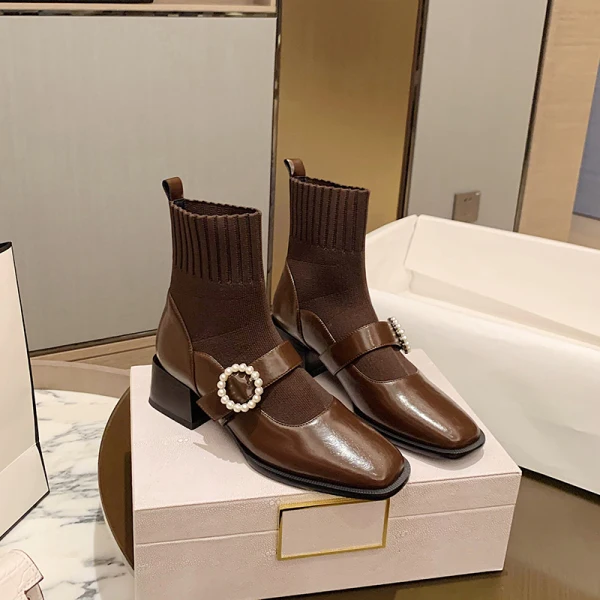 Charmant Vintage / Originale Noire Vêtement de rue Bottines Tricot Bottes Femme 2020 4 cm Talons Épais Talon Bas Pied Carré Bottes