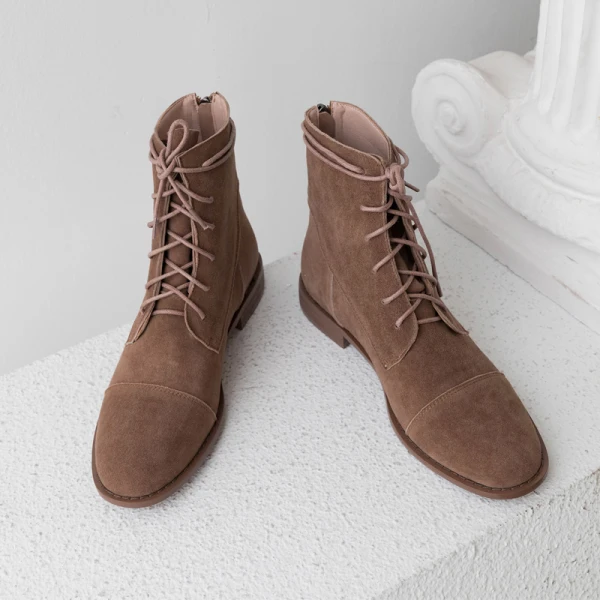 Mode Marron Vêtement de rue Bottines Bottes Femme 2020 À Bout Rond Plat Bottes