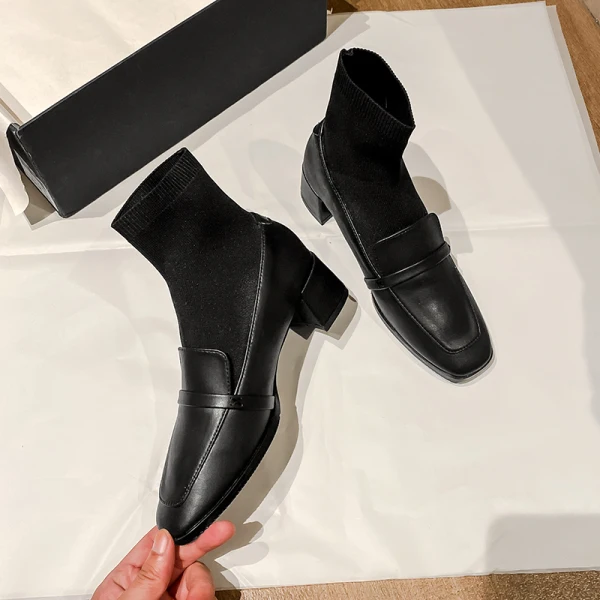 Enkel Svart Casual Ankel Strikking Kvinners støvler 2020 5 cm Tykk Hæler Firkantetå Boots