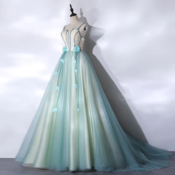 Classy Mint Green Prom Dresses 2021 A-Line / Princess Spaghetti Straps Appliques Lace Flower Sleeveless Backless Floor-Length / Long Prom Formal Dresses
